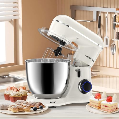 SAMSAIMO 3-IN-1 Electric Stand Mixer, 10-Speed With Pulse Button, Attachments include 6.5QT Bowl, Dough Hook, Beater, Whisk for Most Home Cooks (Almond Cream)