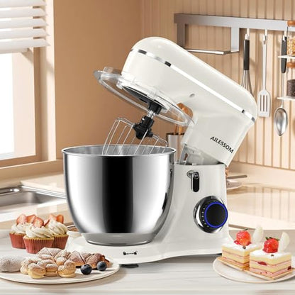 SAMSAIMO 3-IN-1 Electric Stand Mixer, 10-Speed With Pulse Button, Attachments include 6.5QT Bowl, Dough Hook, Beater, Whisk for Most Home Cooks (Almond Cream)