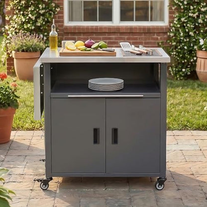 Merax Foldable Outdoor Kitchen Island & BBQ Prep Cart with Stainless Steel Top &Trash Rack & Lockable Wheels & Storage Cabinets – Portable Patio Dining Station for Grilling & Backyard & Camping, Gray