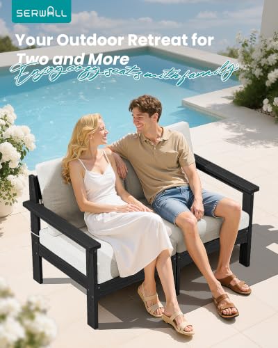 SERWALL HDPE Outdoor Loveseat Sofa, Outdoor 2 Pieces Single Sofa, Black