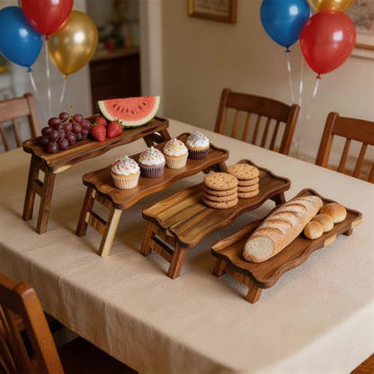 BOY MCOWBOY Acacia Wood 4 Tiered Serving Tray for Party, 16.7" x 7.7" Cupcake Stand Foldable Dessert Table Display Set Charcuterie Boards for Birthday Wedding Veggie Fruit