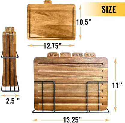 MODERNLYST Acacia Cutting Boards for Kitchen with Holder 13" x 11" x 2.5" | Labeled Wood Cutting Board Sets | Large Wooden Cutting Board Set of 4 with Black Organized Stand | Non Toxic Chopping Board