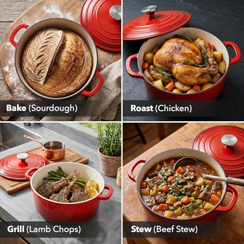 OVENTE Dutch Oven Pot with Lid, 4.6 Quart Aluminum Non-Stick Coated Cookware for Sourdough Bread Baking, Braising, Cooking Soups and More, Oven and Dishwasher Safe, Works on All Stovetops, Red DOA546R