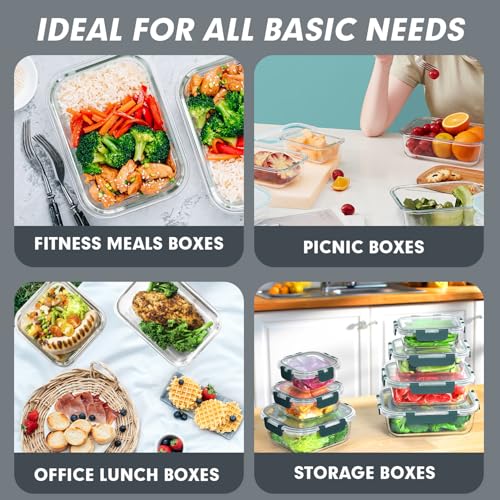 VERONES 30 Pieces Glass Meal Prep Containers Set, Stackable Glass Food Storage Containers with Lids-Airtight Lunch Containers，for Microwave, Oven, Freezer & Dishwasher,Grey