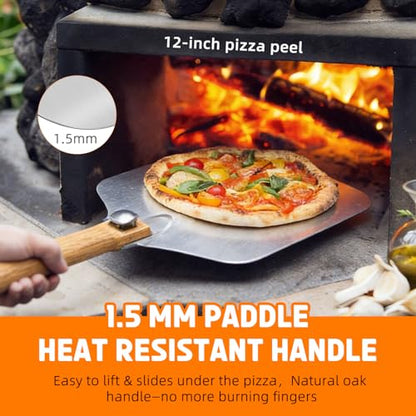 Pizza Peel and Pan Set, 6 Piece Pizza Oven Accessories, 12 Inch Metal Pizza Paddle with Foldable Wooden Handle, 8 Inch Metal Peel, Rocker Cutter, Server, Stainless Steel Plates and Tongs