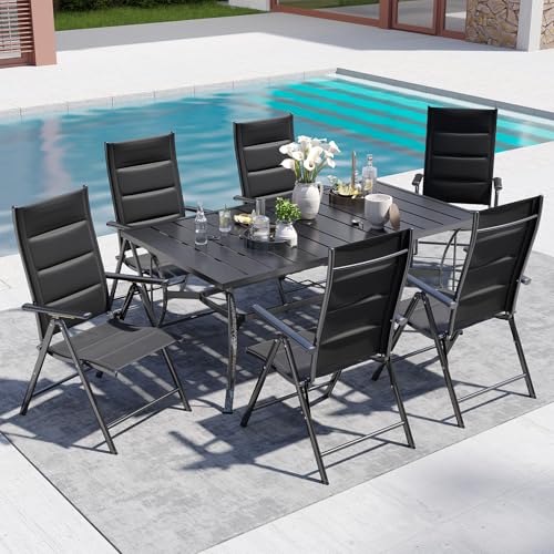 BUPPLEE 7-Piece Outdoor Dining Set - 6 Padded Aluminium Folding Chairs & Adjustable Steel Table, Low-Maintenance Garden Furniture for Backyard, Balcony, Poolside, Includes 1.57"-1.97" Umbrella Hole