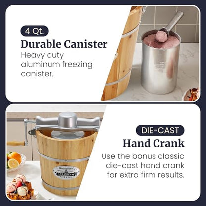 Elite Gourmet EIM402 Old Fashioned 4 Quart Vintage Wood Bucket Electric Ice Cream Maker Machine, Bonus Classic Die-Cast Hand Crank for Churning, Uses Ice and Rock Salt Churns Ice Cream in Minutes