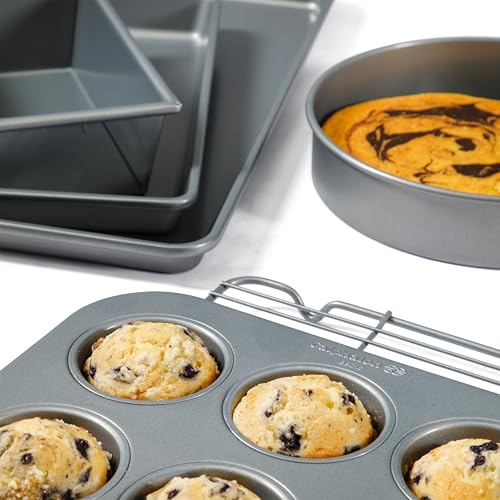 Calphalon Titan 10-Piece Nonstick Bakeware Set, Baking Sheet Set, Steel Core PFA-Free Nonstick Coating, Oven Safe, Includes Sheet Pans, Muffin Pan, Round Cake Pans, Loaf Pan and Cooling Rack - Silver