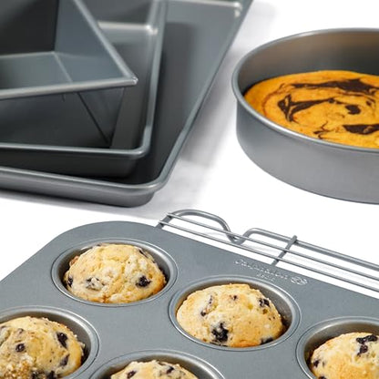 Calphalon Titan 10-Piece Nonstick Bakeware Set, Baking Sheet Set, Steel Core PFA-Free Nonstick Coating, Oven Safe, Includes Sheet Pans, Muffin Pan, Round Cake Pans, Loaf Pan and Cooling Rack - Silver