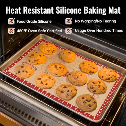 Silicone Baking Mat with Recipes, Extra Thick Silicone Mats for Baking, Non Stick Pastry Mat for Rolling Dough, Silicone Macaron Baking Mat for Cookie,Bread,Pizza,Fondant Mat, Oven&Dishwasher Safe