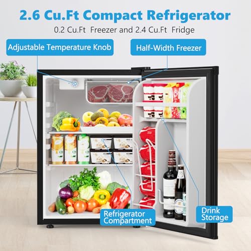 COWSAR 2.6 Cu.Ft Dorm Fridge with Freezer, Single Reversible Door Compact Refrigerator, Adjustable Thermostat, 2 Removable Shelves, Commercial Drink Fridge for Bedroom, Office, Kitchen, Dorm, Black