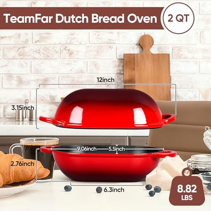 TeamFar Enameled Cast Iron Bread Loaf Pan, 2 QT Oval Dutch Oven with Lid for Sourdough Bread Baking, Enameled Meatloaf Loaf Baking Pan with Lid, Even Heat Distribution & Self-Basting, Red