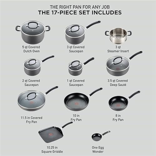 T-Fal Ultimate Hard Anodized Nonstick Pots and Pans Set 17 Piece, Nonstick Cookware Set with Fry Pan, Saucepans, Saute-Pan, Griddle, Dishwasher Safe, Onyx