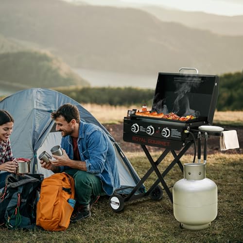 Royal Gourmet PD3001 3-Burner Propane Gas Griddle with Collapsible Stand, 23-Inch Portable Griddle with Side Table & 314 Sq. In. Cooking Area for Camping, Tailgating, Backyard & Patio, Black