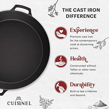 Cuisinel Cast Iron Skillet + Glass Lid + Red Chainmail Scrubber - 15"-Inch Dual Handle Braiser Frying Pan + Silicone Handle Covers - Pre-Seasoned Oven Cookware - Indoor/Outdoor. PFAS and PFOA-free