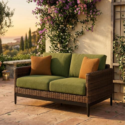 Signature Design by Ashley Horizon Hall Casual Outdoor Loveseat with Cushion, UV-Resistant Nuvella Fabric, Resin Wicker & Aluminum Frame, Ideal for Deck or Lanai Furniture, Green & Dark Brown