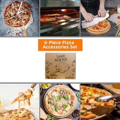 Pizza Peel and Pan Set, 6 Piece Pizza Oven Accessories, 12 Inch Metal Pizza Paddle with Foldable Wooden Handle, 8 Inch Metal Peel, Rocker Cutter, Server, Stainless Steel Plates and Tongs