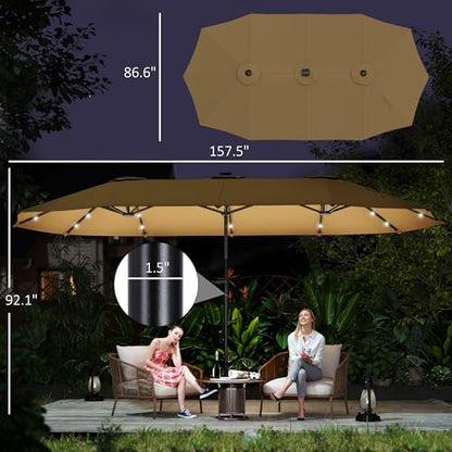 Outsunny 13ft Large Patio Umbrella with Solar Lights, Rectangular Double-Sided Outdoor Market Umbrella with Crank Handle and 48 LED Bulbs for Garden, Pool and Backyard, UPF 30+, Khaki
