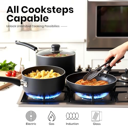 KICHLY 8 Piece Pots and Pans Set, Non Stick Kitchen Cookware Set with 20cm & 28cm Frying Pans and 16cm, 18cm, 20cm Saucepans with Lids, Induction Compatible Pots and Pans Set Non Stick, Black