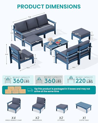 SERWALL 9 Pieces Patio Conversation Set, Outdoor Sectional Sofas, Blue