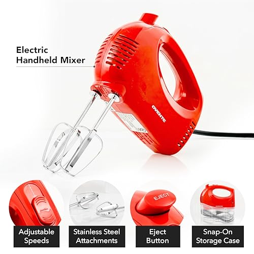 OVENTE 5-Speed Corded Electric Hand Mixer with Stainless Steel Whisks, Compact Portable Design with Snap-On Storage Case,150W Lightweight Handheld Mixer for Baking & Cooking, Red HM151R