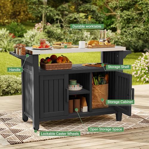 Bifanuo Resin Outdoor Grill Cart, Outdoor Kitchen Island with Stainless Steel Top & Storage Cabinet for Kitchen Prep, Weatherproof Grill Table for BBQ Food Prep, Black