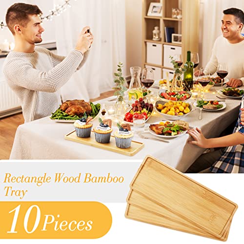 Bokon 10 Pcs Rectangle Wood Bamboo Tray Bamboo Serving Tray Wooden Serving Platter for Bathroom Counter Platter for Food Dinner Kitchen(Rounded Edges)