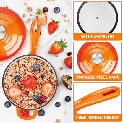 E-far Enameled Cast Iron Sauce Pan with Lid, 1 Quart Dutch Oven Saucepan, Mini Sauce Pot for Cooking, Boiling, Healthy & Non Toxic, Induction & Oven Safe, Orange