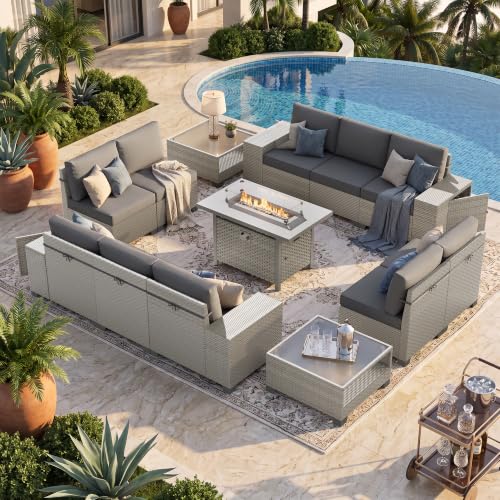 13 Pieces Patio Furniture Set with Fire Pit,Outdoor Wicker Sectional Sofa