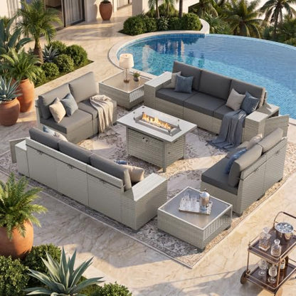 13 Pieces Patio Furniture Set with Fire Pit,Outdoor Wicker Sectional Sofa