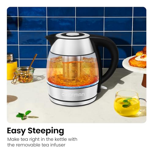 CHEFMAN Electric Kettle - 1.2L 1500W Hot Water Tea Pot with Infuser, BPA Free, Auto Shut Off, Boil-Dry Protection, Removable Lid, LED Light, Cordless Glass Electric Tea Kettle – Stainless Steel