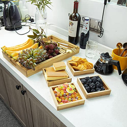 Wooden Serving Trays with Handle - Set of 7 - Large, Medium, Small and Mini - Nesting Multipurpose Trays - for Breakfast, Coffee Table/Butler & More - Light & Sturdy Wood Tray