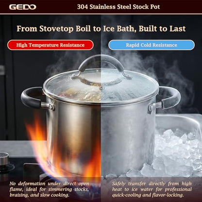 GEDO Food-Grade 304 Stainless Steel Stock Pot, Thickened Cooking Pot with Tempered Glass Lid, Heat-Resistant Handles, Fits All Stovetops for Soup Stew Canning, Dishwasher Safe (10, Quarts)