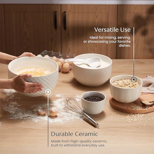 KooK Ceramic Mixing Bowls, Nesting Set of 4, Embossed Kitchen Dishware, Prep, Serving, Gift, Microwave and Dishwasher Safe, 20/44/98/145 oz, Narbonne Collection (Ivory)
