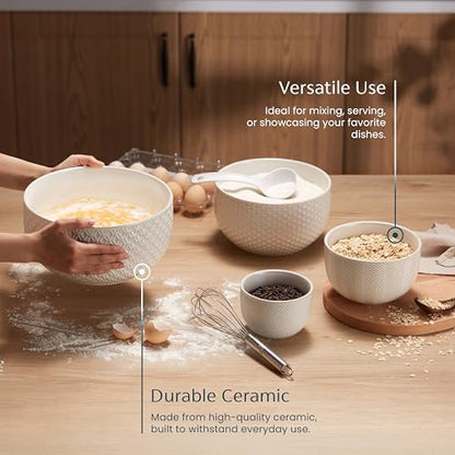 KooK Ceramic Mixing Bowls, Nesting Set of 4, Embossed Kitchen Dishware, Prep, Serving, Gift, Microwave and Dishwasher Safe, 20/44/98/145 oz, Narbonne Collection (Ivory)