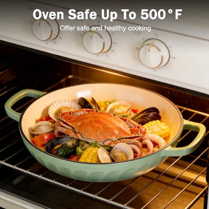 NSIRONS Enameled Cast Iron Dutch Oven, 3.8 Quart Dutch Oven Pot with Lid, Shallow Cast Iron Braiser with Handles, Oven Safe up to 500°F (Pistachio Green)