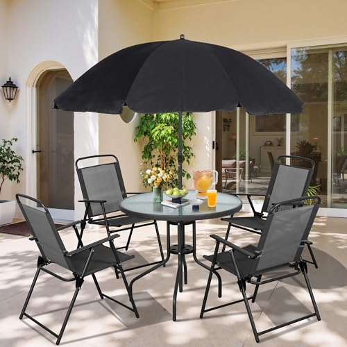 Vongrasig 6 Piece Folding Patio Dining Set,Small Metal Outdoor Garden Patio Table and Chair Set w/Umbrella for Lawn,Deck,Backyard,Black