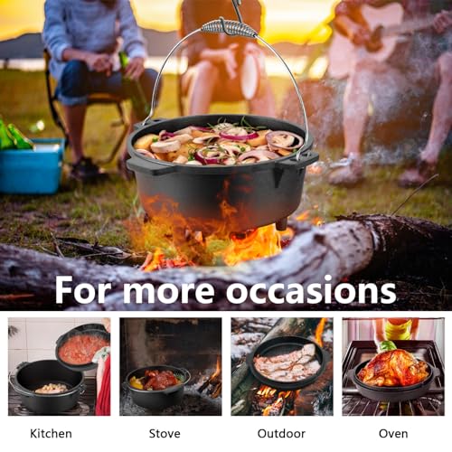HaSteeL 7 QT Cast Iron Dutch Oven, Large 2 in 1 Camp Pre-Seasoned Deep Pot & Lid Skillet Pan, Heavy Thick 7 Quart Multiple Cookware with Feet for Outdoor Camping Baking, Bracket and Lid Lifter