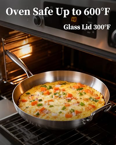 Bzayeat 14-Inch Tri-Ply Stainless Steel Frying Pan with Lid & Detachable Handle - Induction Compatible Skillet, Oven & Dishwasher Safe, Ideal for Frying, Sautéing & Simmering