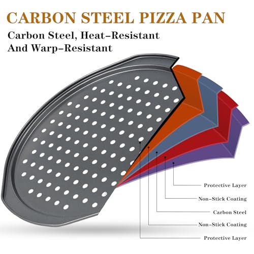 Bestdin 5Pcs Pizza Pan Set - 12 inch Pizza Pan with Holes, Non-stick, Pizza Oven Accessories with 2 Carbon Steel Round Pans, Pizza Cutter and 2 Gloves, Dishwasher Safe