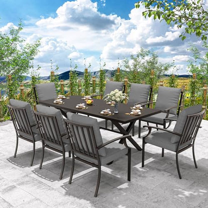 Trumbeak 9-Piece Patio Dining Set Outdoor Conversation Set,Metal Outdoor Furniture Set with Umbrella Hole Cut-Out 78.7" x 35.4" Table and 8 Metal Backrest Chairs for Backyard,Garden,Grey
