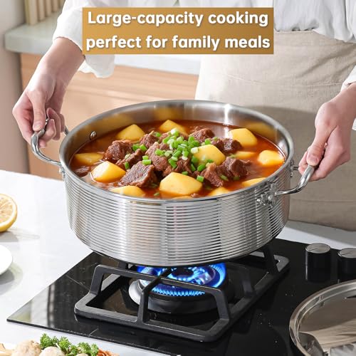 DELARLO Tri-Ply Stainless 7QT Braiser Pan With Steel Lid,Induction Saute pan Cooking Pot,Jumbo Cooker Deep Frying Pan 12 Inch,Dishwasher and Oven Safe,Compatible With All Cooktops Up to 650℉