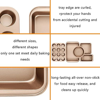 Nonstick Baking Pans Set, 5-Piece Kitchen Baking Sheets for Oven, Bakeware Sets with Round/Square Cake Pan, Muffin Pan, Loaf Pan, Roast Pan, mobzio Cookie Sheet Set Baking Supplies (Champagne Gold)