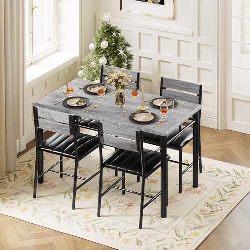 IRONCK Dining Table Set for 4, Wood Kitchen Table with Upholstered Chairs for Kitchen Room and Small Spaces, Grey