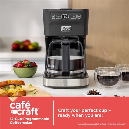 BLACK+DECKER CAFÉCRAFT 12-Cup Programmable Coffee Maker, Stainless Steel Drip Coffeemaker with Vortex Showerhead, Strength Selector, Sneak-A-Cup, Keep Warm