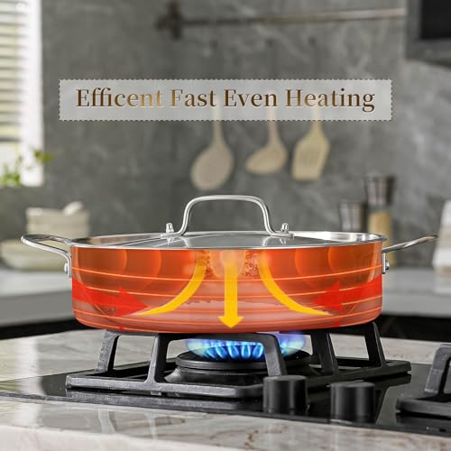 DELARLO 8 Quart Tri-Ply Stainless Steel Non Stick Braiser Pan with Lid, 13 Inch Deep Frying Pan, Large Saute Pan, Jumbo Cooker, Induction Compatible, Heavy Duty and Oven Safe