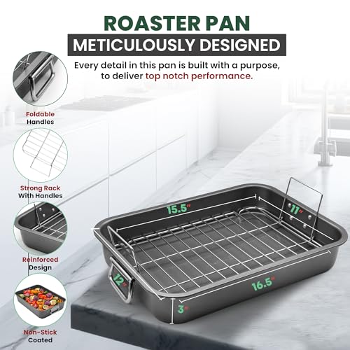Large Roasting Pan With Rack 12” X 16” - Non Stick Large Roaster Pan and Flat Rack With Foldable Handles - Roasting Pans for Ovens to Elevate Food for Even Heating - Dishwasher Safe Turkey Roast Pot