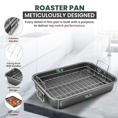 Large Roasting Pan With Rack 12” X 16” - Non Stick Large Roaster Pan and Flat Rack With Foldable Handles - Roasting Pans for Ovens to Elevate Food for Even Heating - Dishwasher Safe Turkey Roast Pot