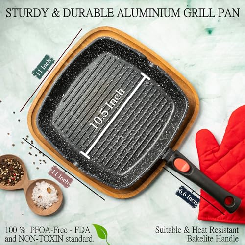 Moss & Stone Square Grill Pan for Indoor Cooking, 11-Inch Nonstick Griddle Skillet with Removable Handle, RV Die-Cast Aluminum Stove Top Grill Pan for Meats & Vegetables, Detachable Handle