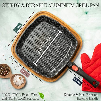 Moss & Stone Square Grill Pan for Indoor Cooking, 11-Inch Nonstick Griddle Skillet with Removable Handle, RV Die-Cast Aluminum Stove Top Grill Pan for Meats & Vegetables, Detachable Handle